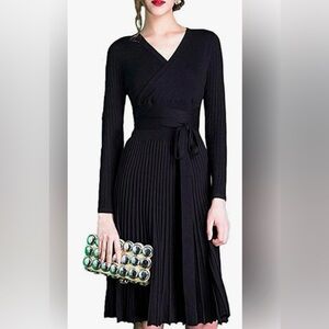 Women's V-neck belted knit sweater dresses,